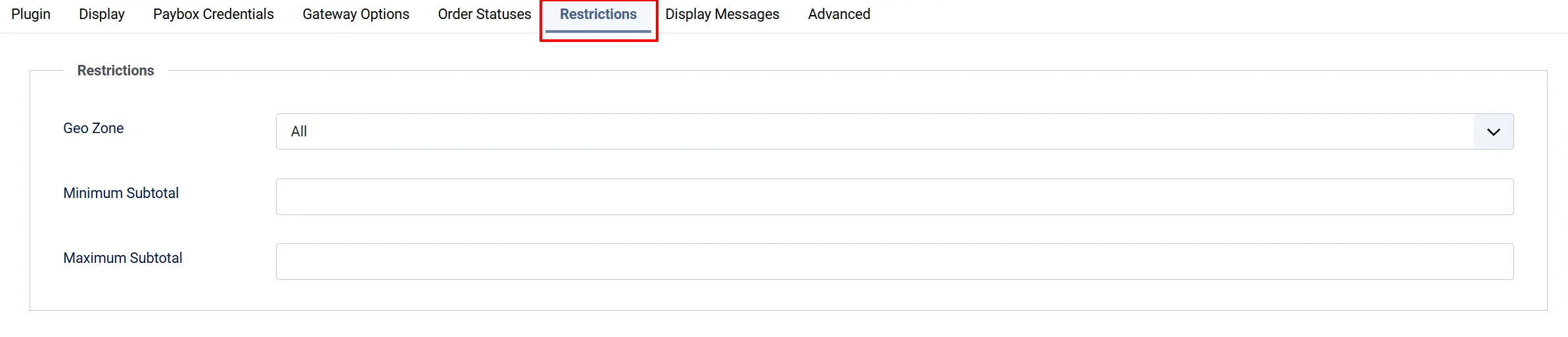 Paybox plugin, Restrictions tab highlighted: Geo Zone set to All, with empty Minimum Subtotal and Maximum Subtotal fields
