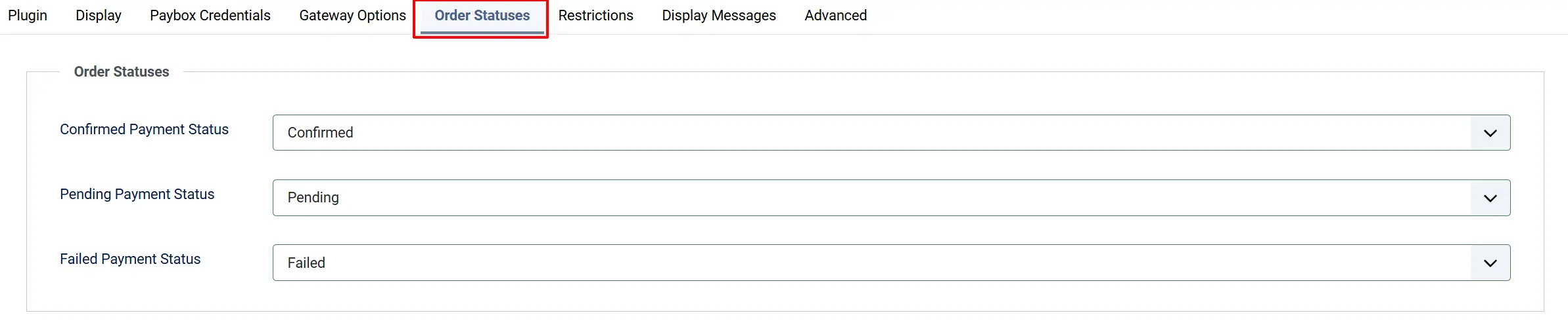 Paybox plugin, Order Statuses tab highlighted: Confirmed Payment Status Confirmed, Pending Payment Status Pending, Failed Payment Status Failed
