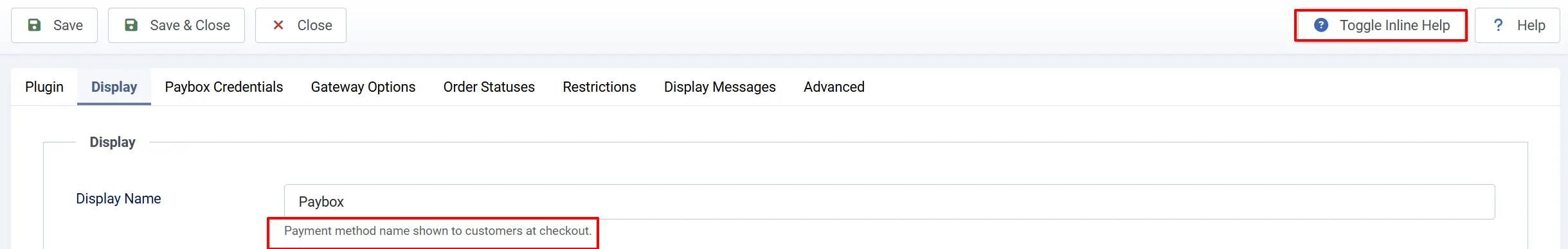 Paybox plugin toolbar with Toggle Inline Help highlighted and its help text shown under the Display Name field on the Display tab