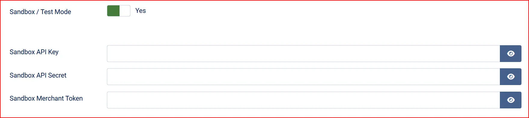 Payeezy plugin sandbox credentials: Sandbox / Test Mode Yes, with empty Sandbox API Key, Sandbox API Secret and Sandbox Merchant Token fields