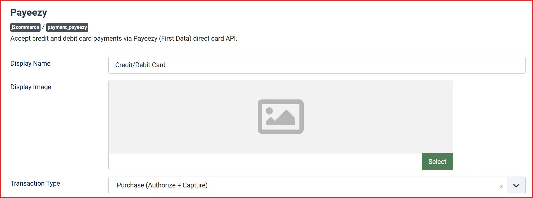 Payeezy plugin settings: Display Name Credit/Debit Card, an empty Display Image picker, and Transaction Type Purchase (Authorize + Capture)