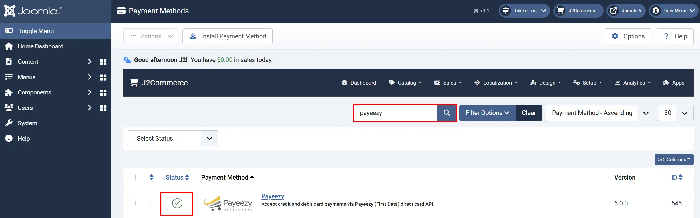 Joomla Payment Methods list searched for "payeezy", with the Payeezy row's Status checkmark highlighted as enabled