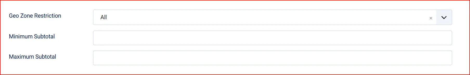 Payeezy plugin restrictions: Geo Zone Restriction set to All, with empty Minimum Subtotal and Maximum Subtotal fields