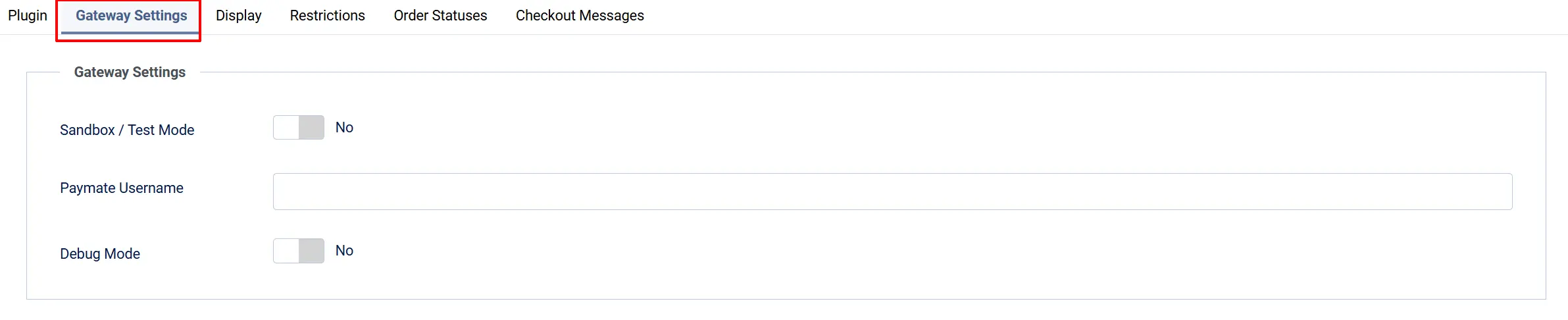 Paymate plugin, Gateway Settings tab highlighted: Sandbox / Test Mode No, an empty Paymate Username field, Debug Mode No