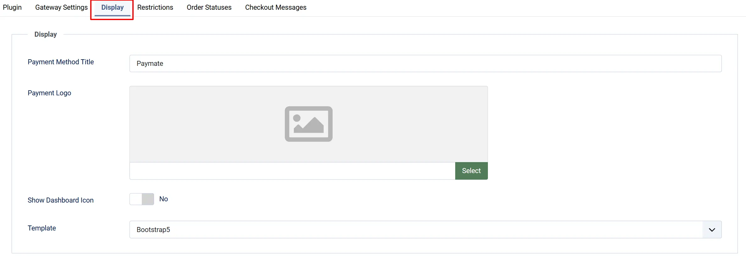 Paymate plugin, Display tab highlighted: Payment Method Title Paymate, an empty Payment Logo picker, Show Dashboard Icon No, Template Bootstrap5