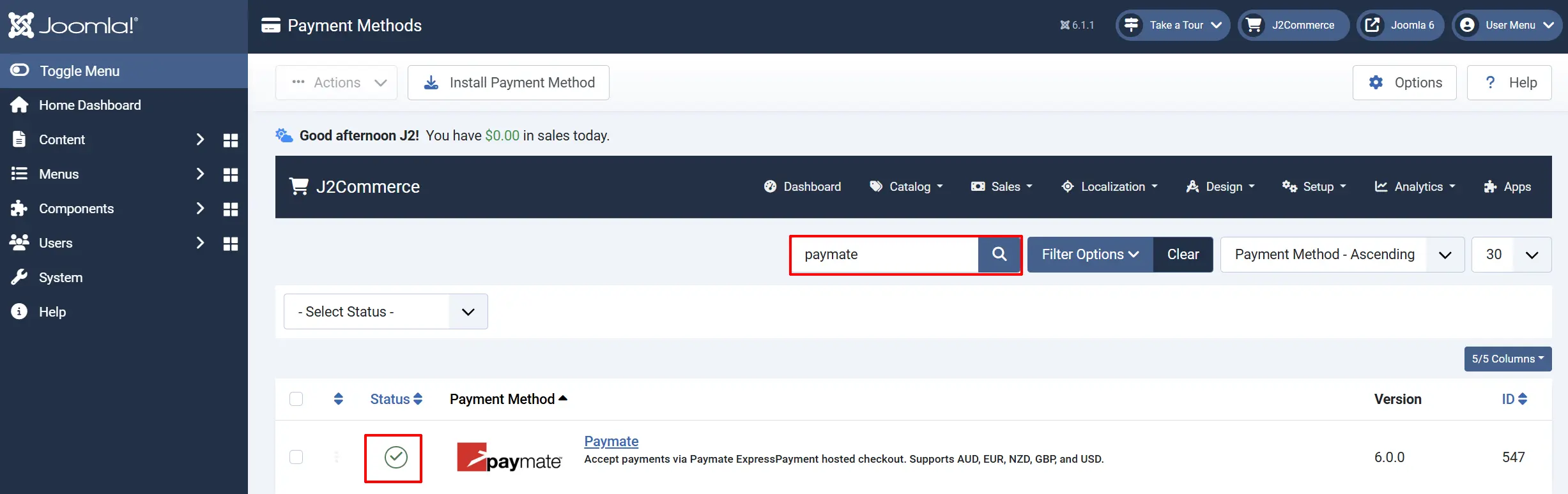 Joomla Payment Methods list searched for "paymate", with the Paymate row's Status checkmark highlighted as enabled