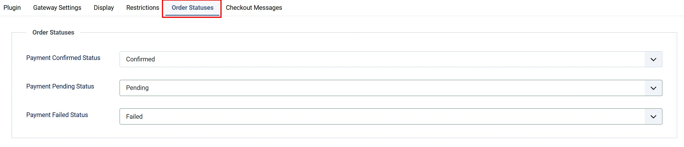 Paymate plugin, Order Statuses tab highlighted: Payment Confirmed Status Confirmed, Payment Pending Status Pending, Payment Failed Status Failed