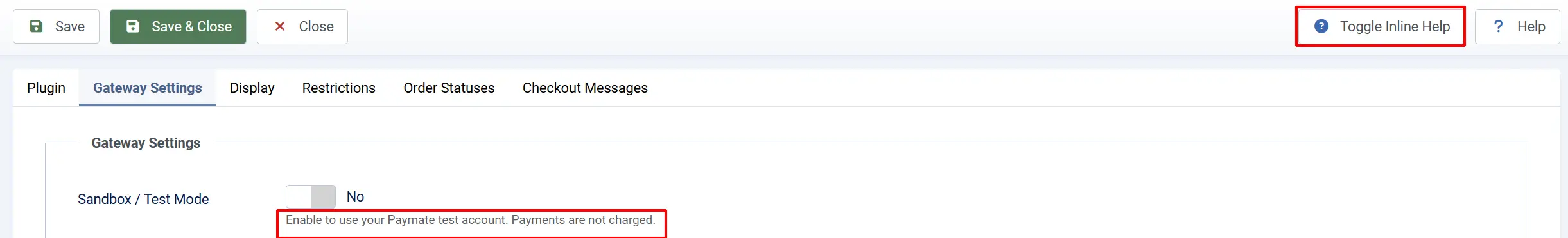 Paymate plugin toolbar with Toggle Inline Help highlighted and help text under Sandbox / Test Mode (No) on the Gateway Settings tab