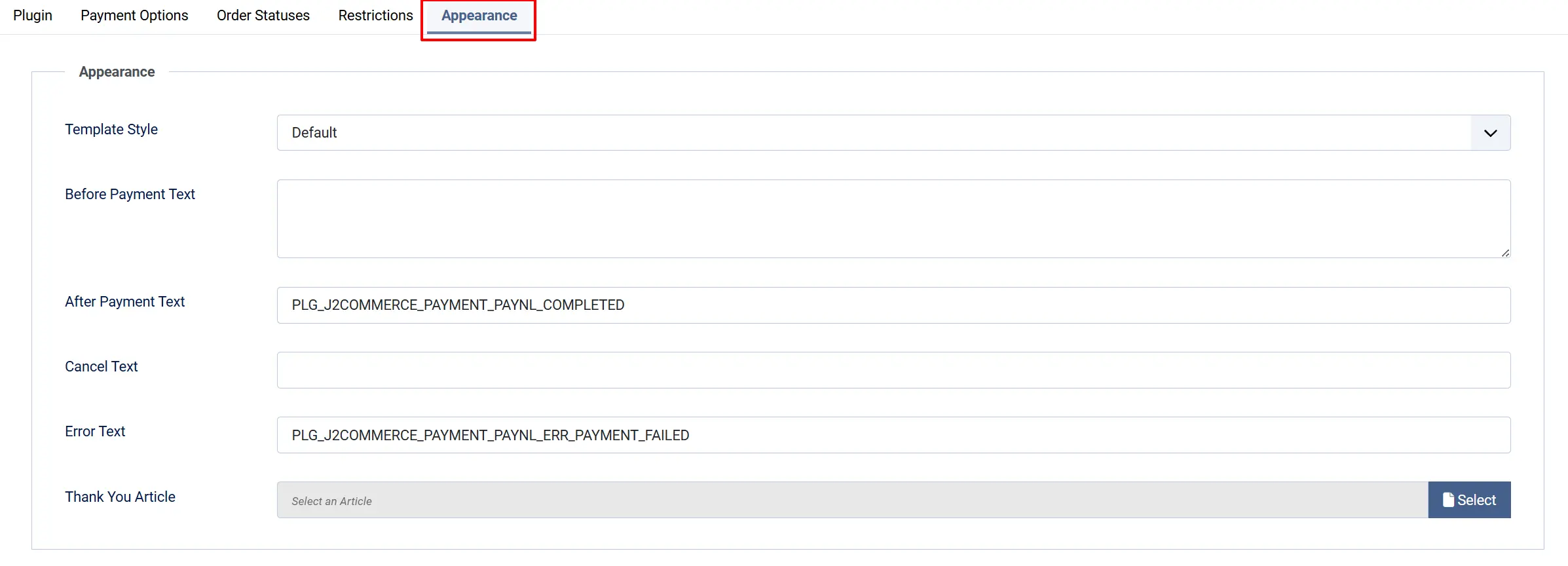 Pay.nl plugin, Appearance tab highlighted: Template Style Default, Before Payment Text, After Payment, Cancel and Error Text fields, and a Thank You Article picker