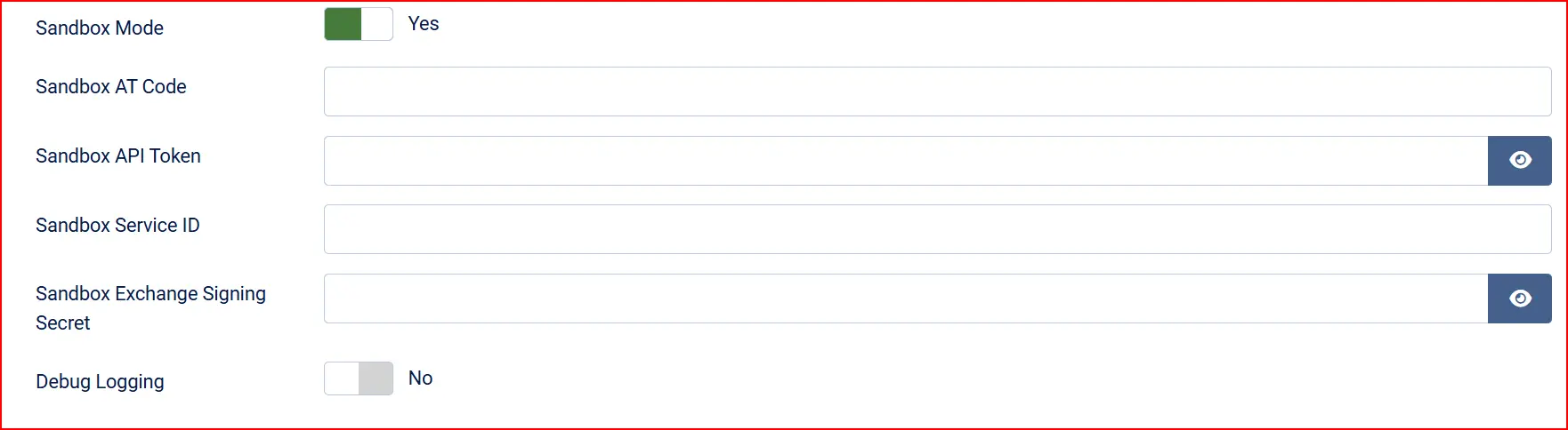 Pay.nl plugin sandbox credentials: Sandbox Mode Yes, with empty Sandbox AT Code, API Token, Service ID and Exchange Signing Secret fields, Debug Logging No
