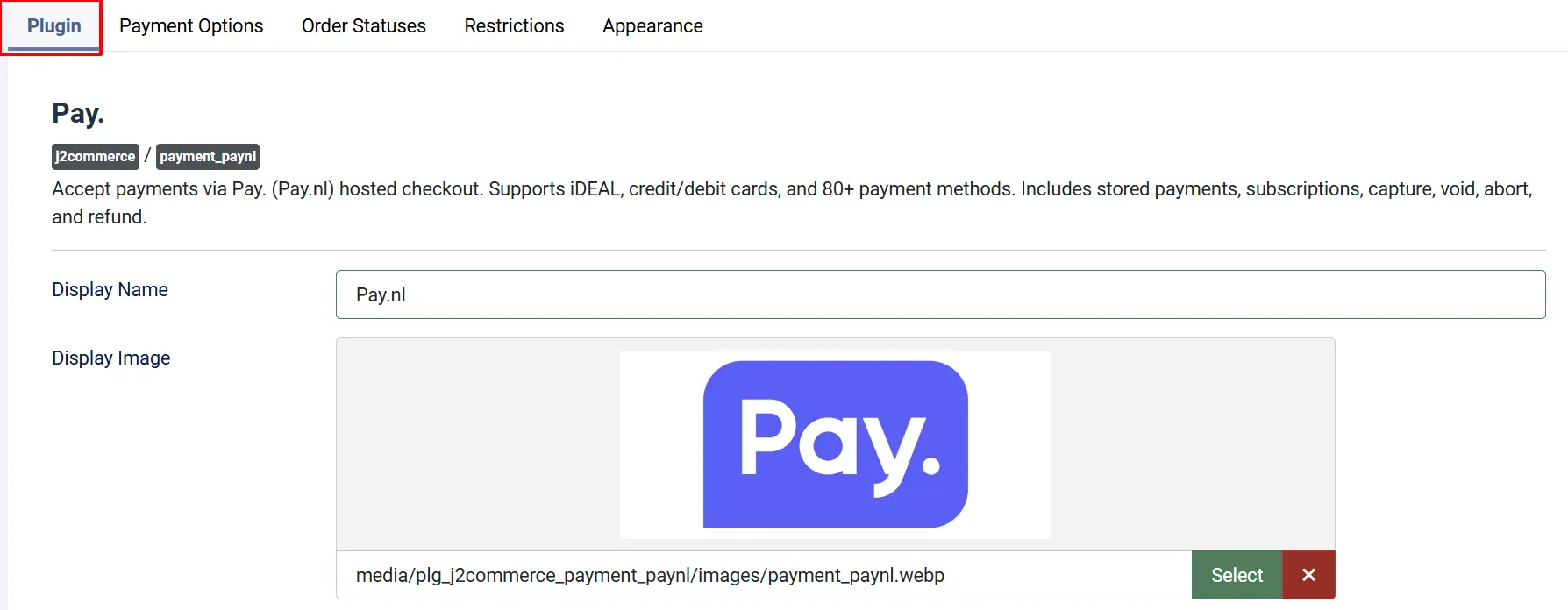 Pay.nl plugin, Plugin tab highlighted: Display Name Pay.nl and the Pay. logo as Display Image, with Payment Options, Order Statuses, Restrictions tabs beside it