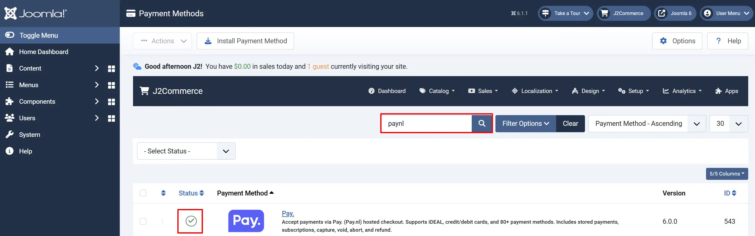 Joomla Payment Methods list searched for "paynl", with the Pay. row's Status checkmark highlighted as enabled