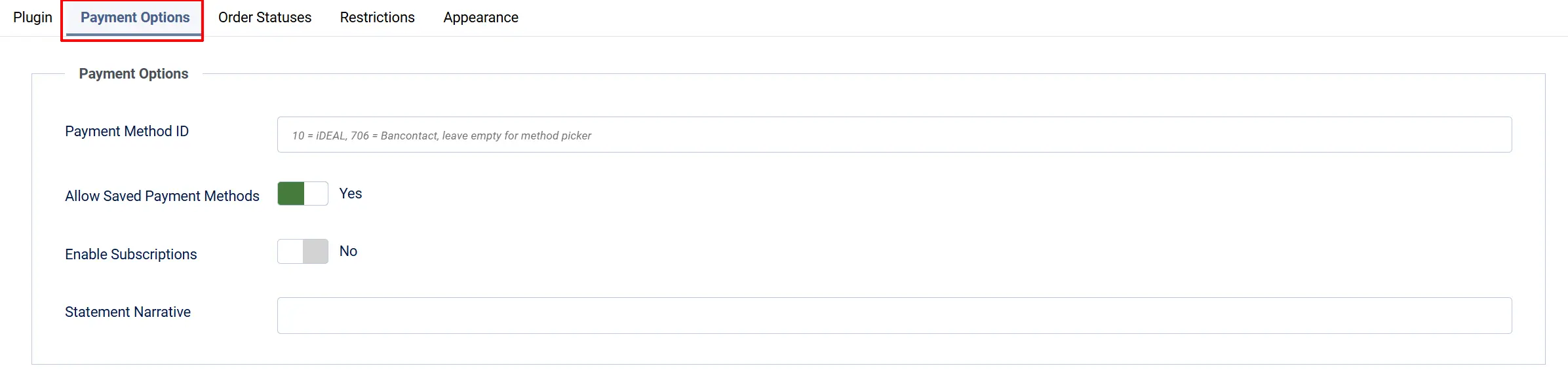 Pay.nl plugin, Payment Options tab highlighted: Allow Saved Payment Methods Yes, Enable Subscriptions No, and empty Payment Method ID and Statement Narrative fields