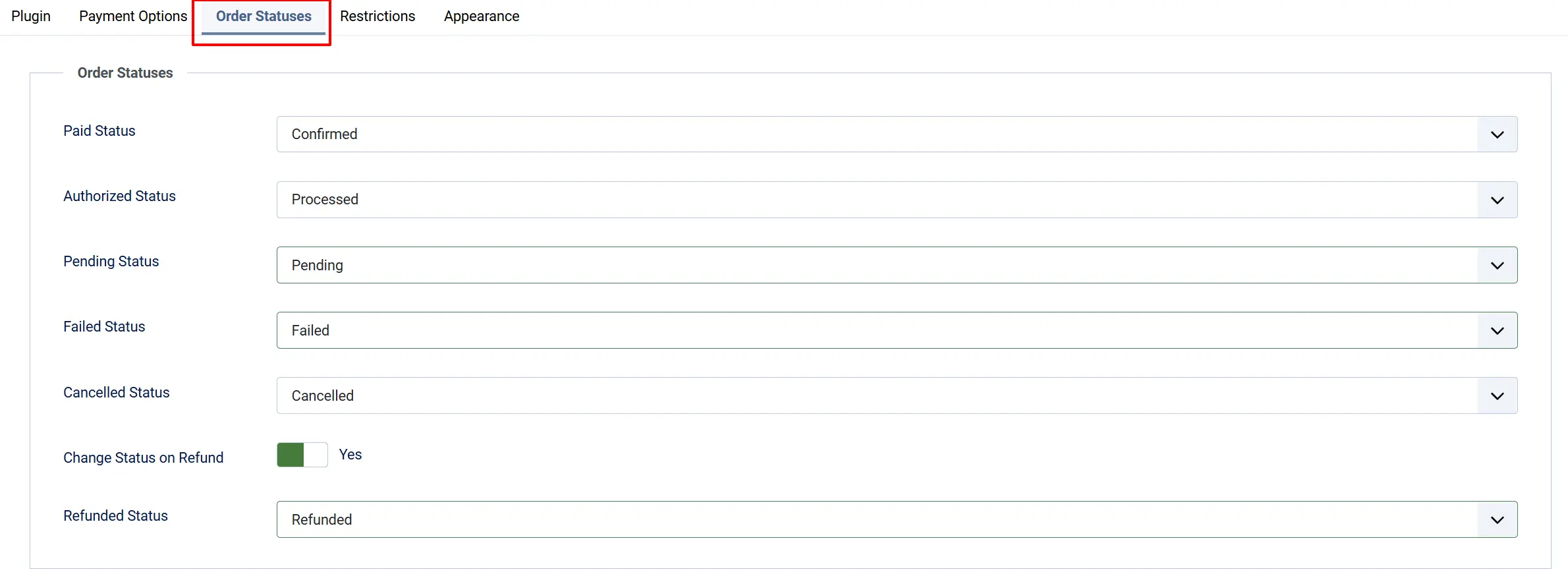 Pay.nl plugin, Order Statuses tab highlighted: Paid Confirmed, Authorized Processed, Pending, Failed, Cancelled, Change Status on Refund Yes, Refunded Status Refunded