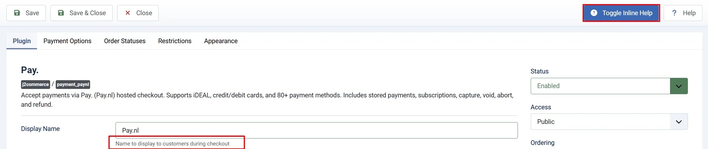Pay.nl plugin toolbar with Toggle Inline Help highlighted and help text shown under the Display Name field (Pay.nl) on the Plugin tab