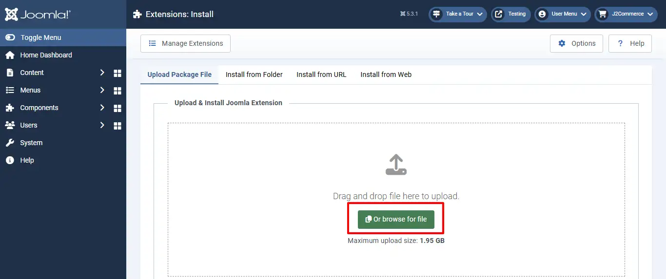 Joomla Extensions: Install screen, Upload Package File tab, with the Or browse for file button highlighted