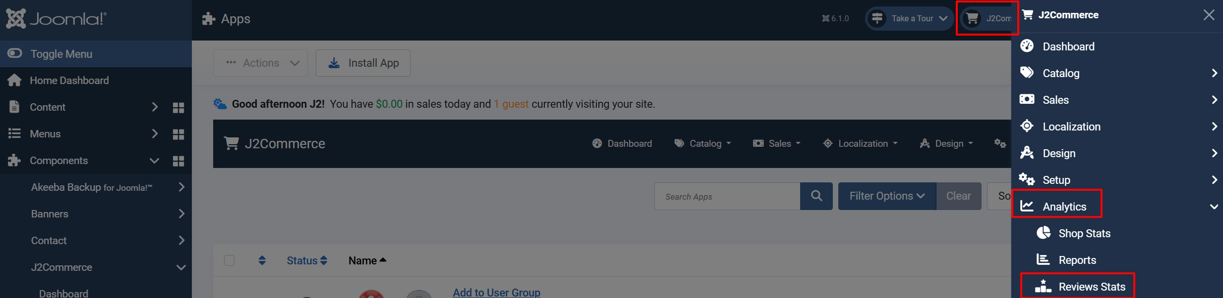J2Commerce menu open on Analytics, with the Analytics group and its Reviews Stats item highlighted below Shop Stats and Reports
