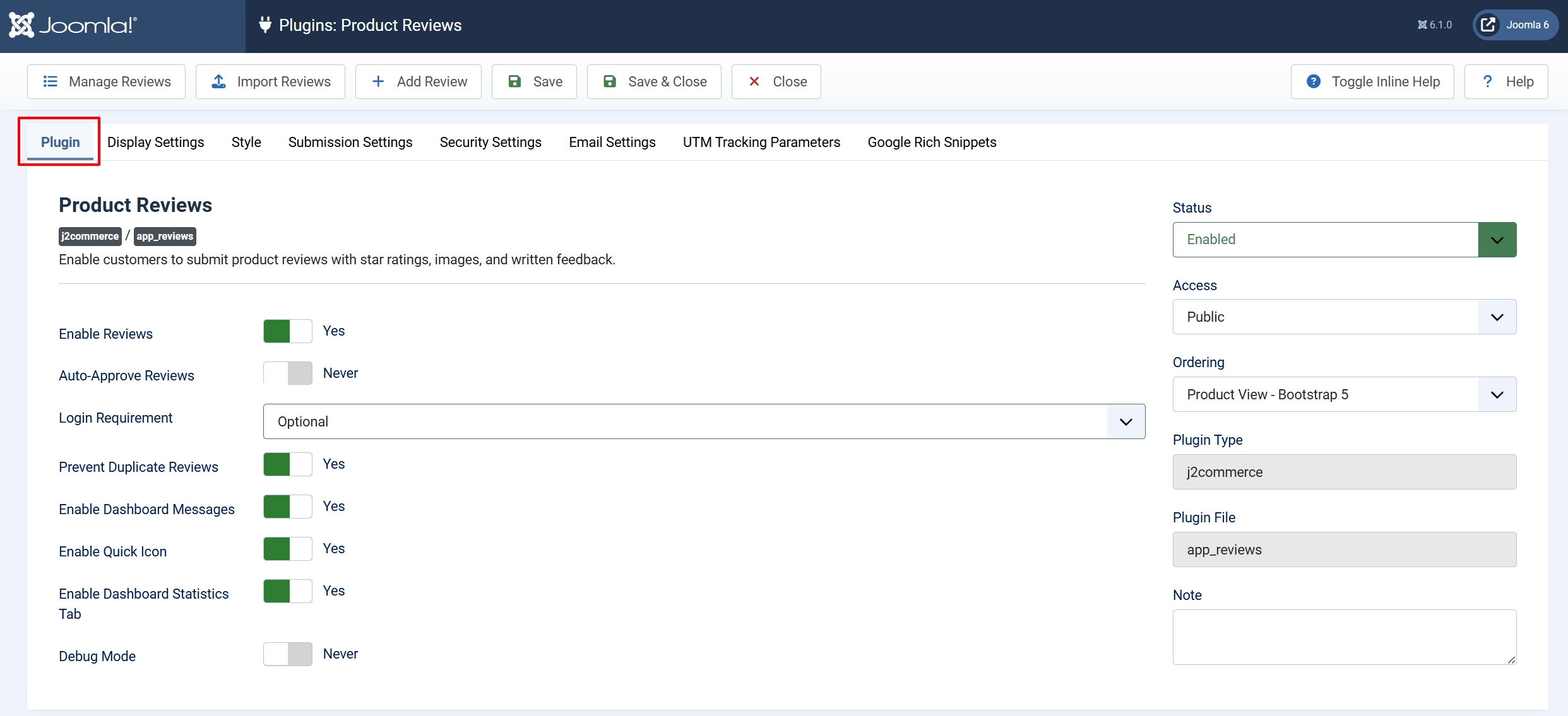 Product Reviews settings, Plugin tab highlighted: Enable Reviews Yes, Auto-Approve Reviews Never, Login Requirement Optional, Prevent Duplicate Reviews Yes