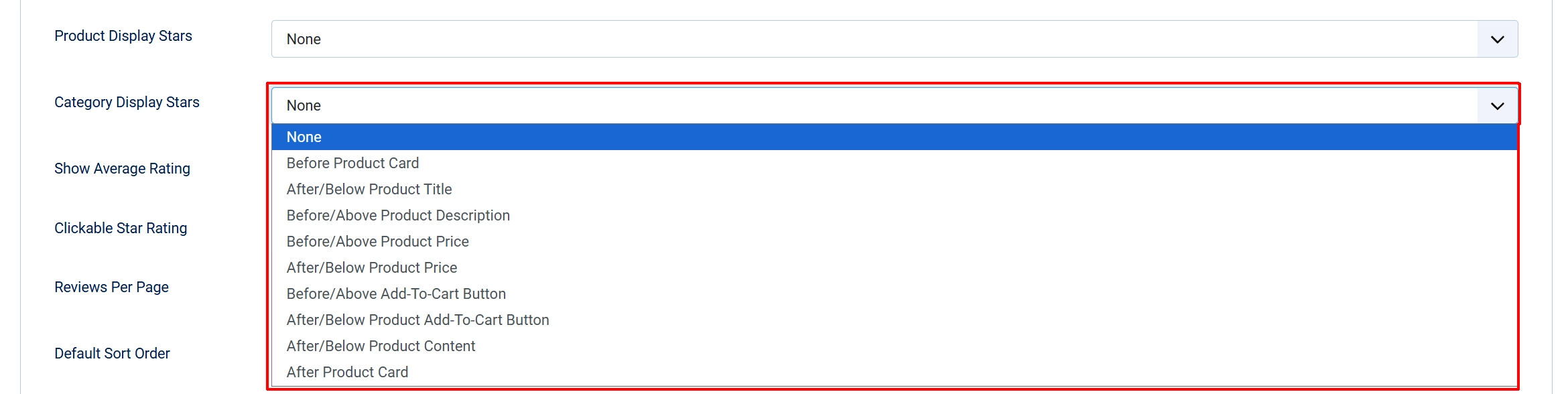 Product Reviews Category Display Stars dropdown open and highlighted, listing None and positions such as Before Product Card and After/Below Product Title