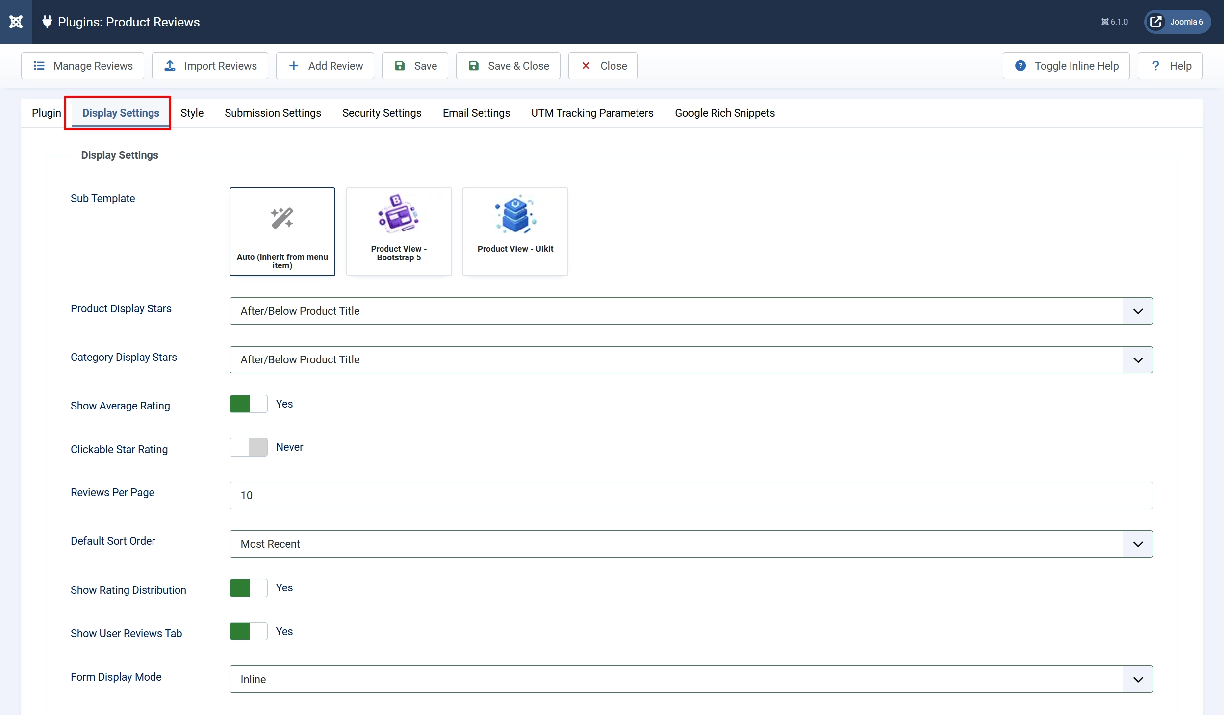 Product Reviews settings, Display Settings tab highlighted: stars After/Below Product Title, Reviews Per Page 10, Default Sort Order Most Recent