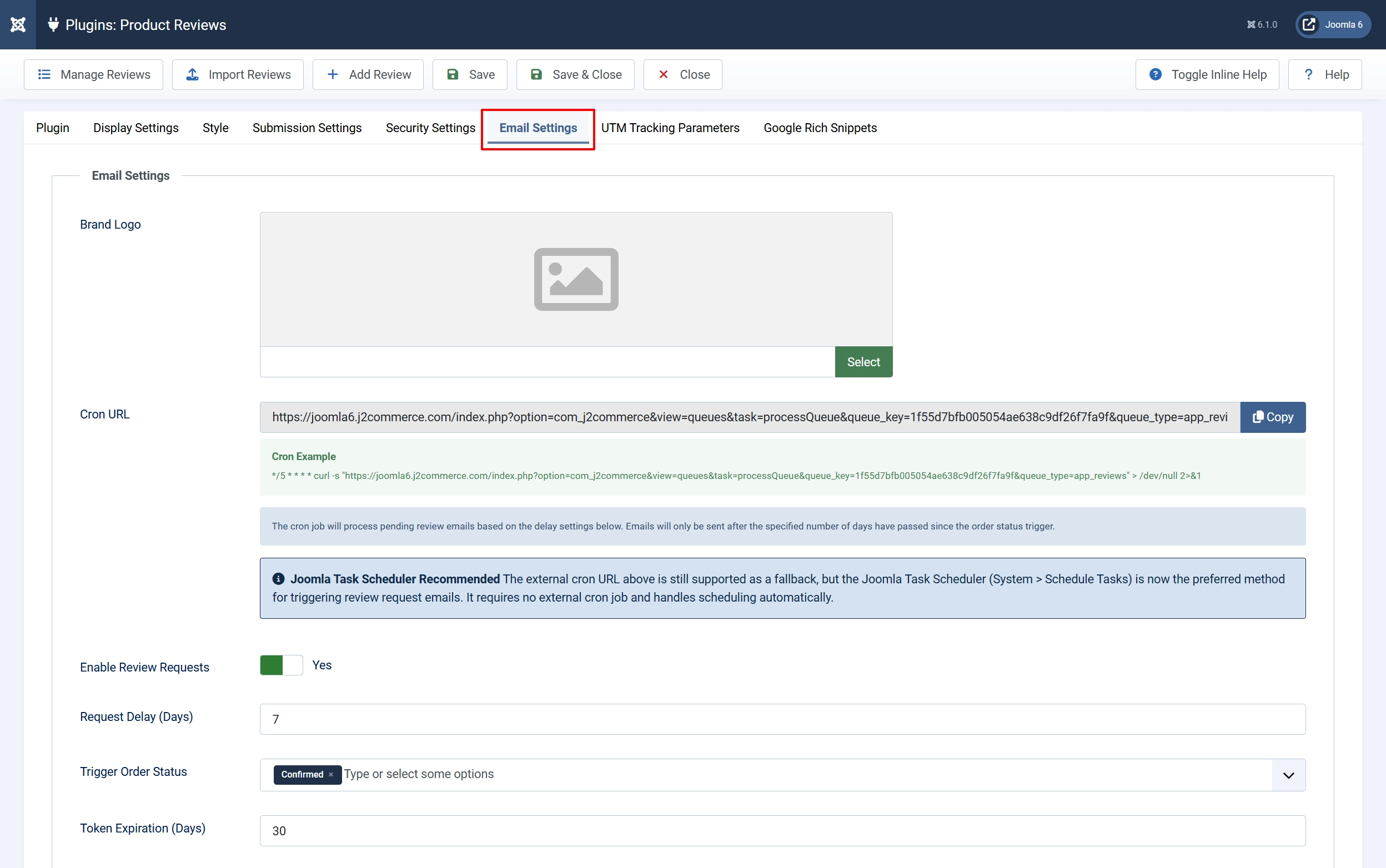 Product Reviews settings, Email Settings tab highlighted: Brand Logo picker, Cron URL with Copy button, Enable Review Requests Yes, Request Delay 7 days