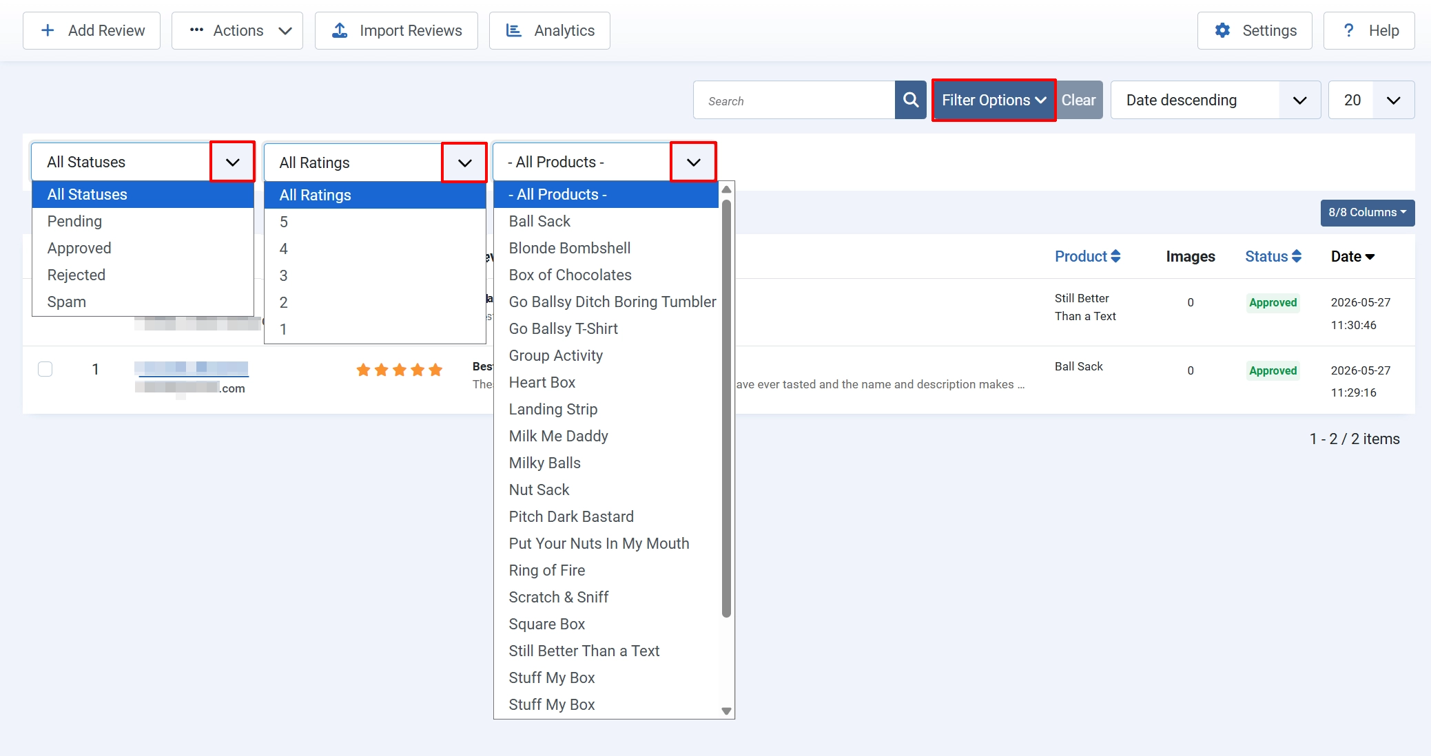 Manage Reviews list with Filter Options highlighted and the status, rating and product filter dropdowns open, listing statuses Pending to Spam