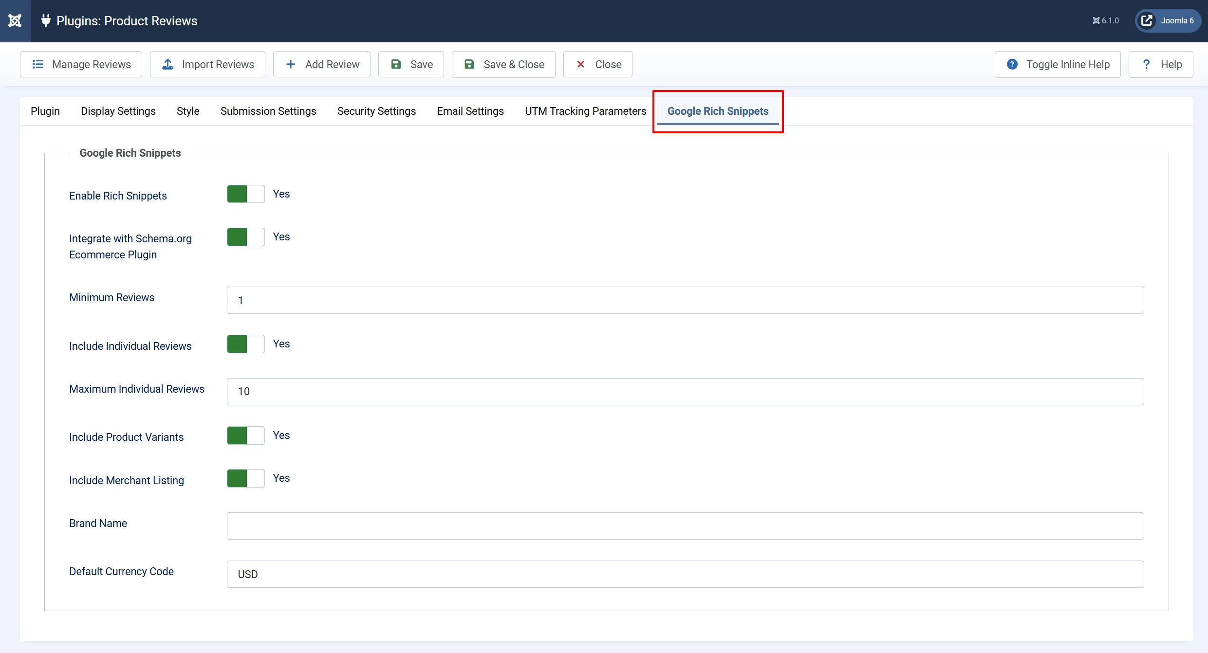 Product Reviews settings, Google Rich Snippets tab highlighted: Enable Rich Snippets Yes, Minimum Reviews 1, Maximum Individual Reviews 10, USD currency