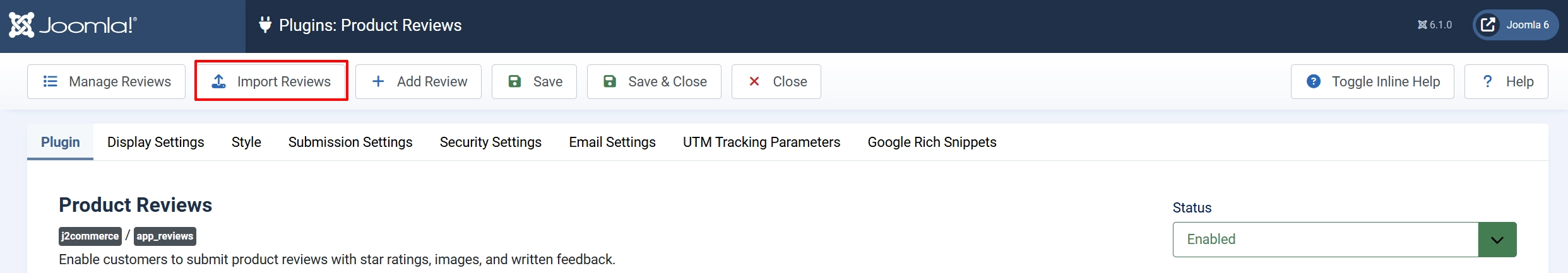 Product Reviews plugin toolbar with the Import Reviews button highlighted beside Manage Reviews, Add Review, Save and Close, above the settings tabs