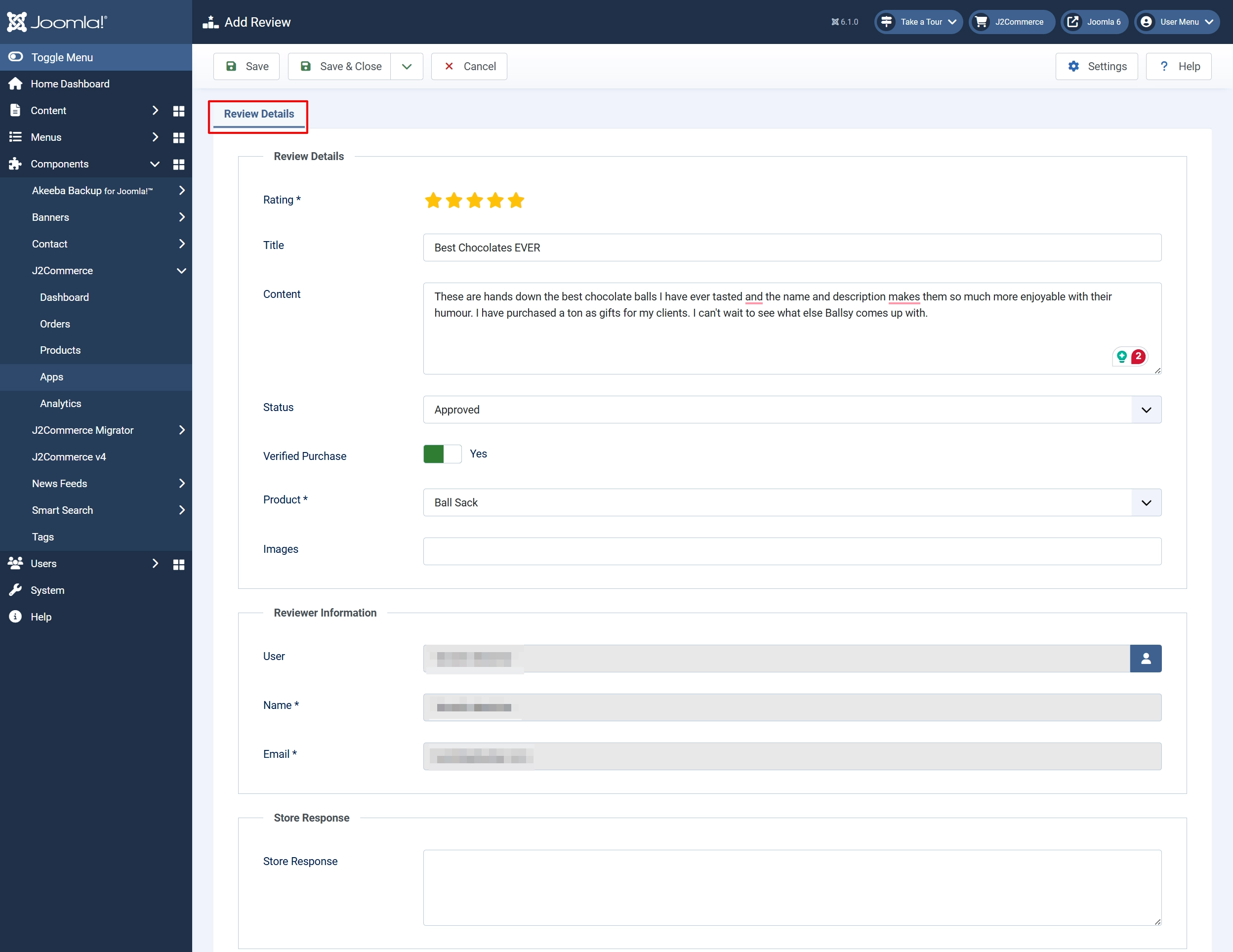 Add Review form, Review Details tab highlighted: five-star Rating, Title, Content, Status Approved, Verified Purchase Yes, Product Ball Sack, Store Response