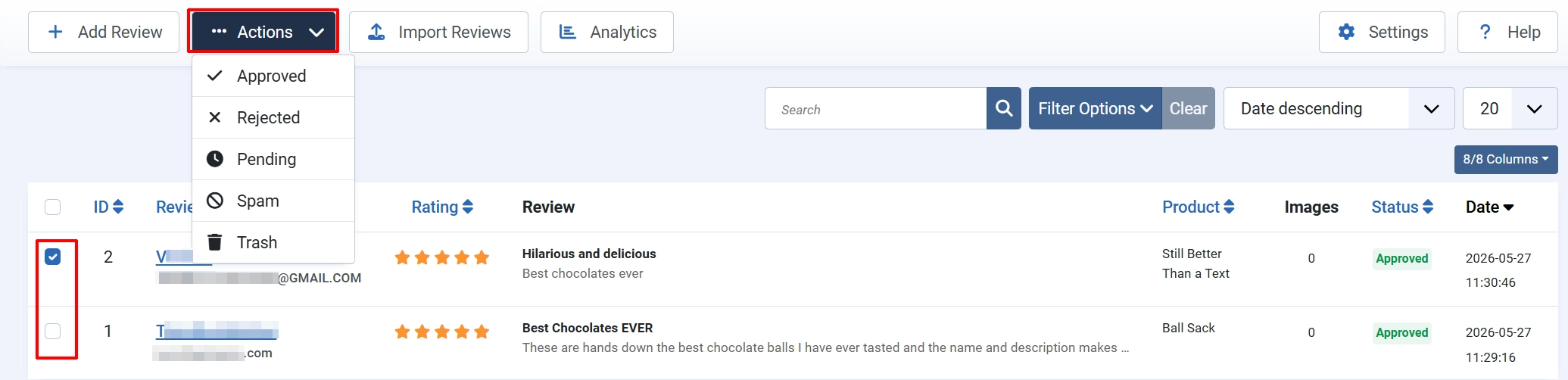 Manage Reviews list with the Actions menu open and highlighted (Approved, Rejected, Pending, Spam, Trash) and one review row checked