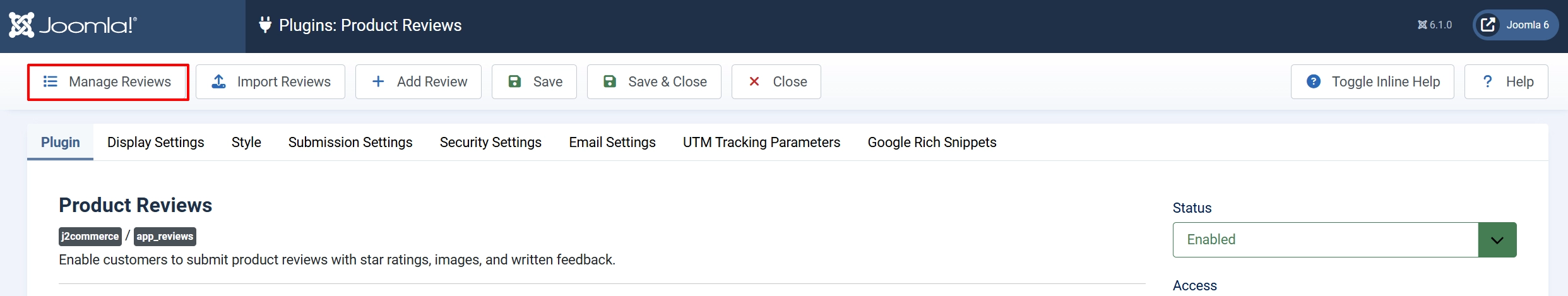 Product Reviews plugin toolbar with the Manage Reviews button highlighted at the left, above the Plugin tab and the enabled Status field