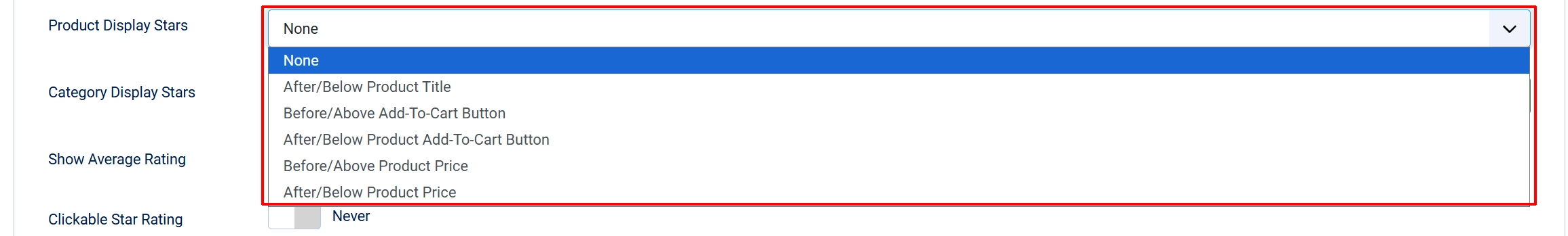 Product Reviews Product Display Stars dropdown open and highlighted, listing None, After/Below Product Title and Add-To-Cart and Price positions