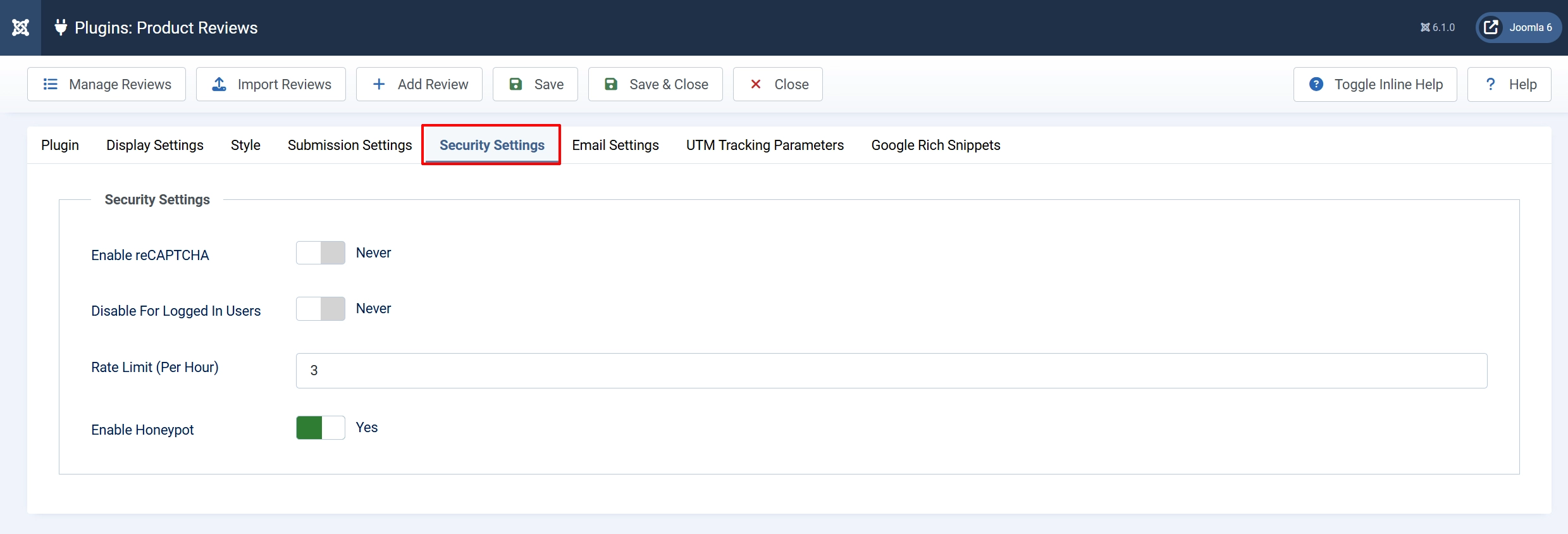 Product Reviews settings, Security Settings tab highlighted: Enable reCAPTCHA Never, Rate Limit 3 per hour, Enable Honeypot Yes