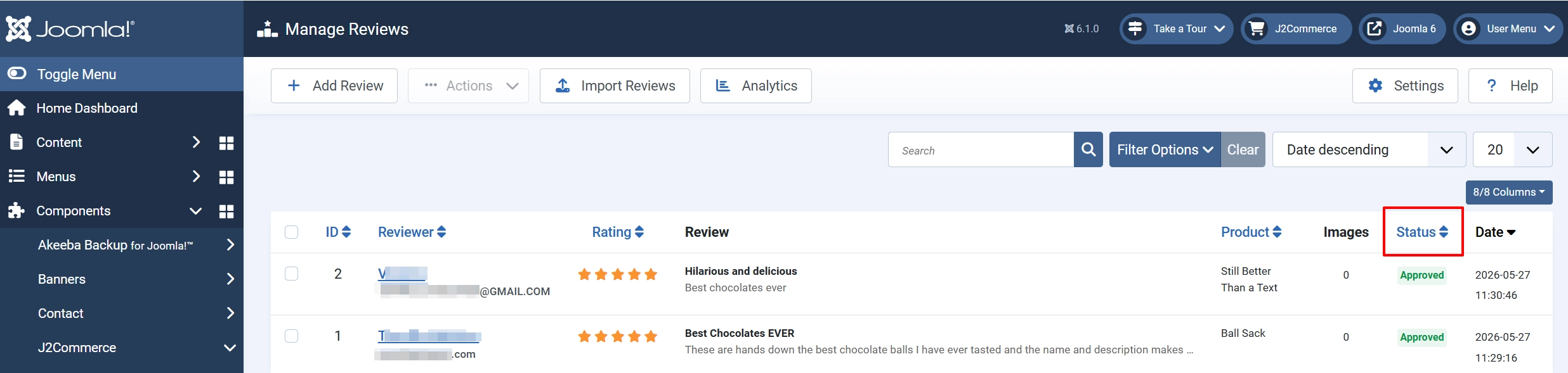 Manage Reviews list with the sortable Status column header highlighted; two reviews with five stars show an Approved status