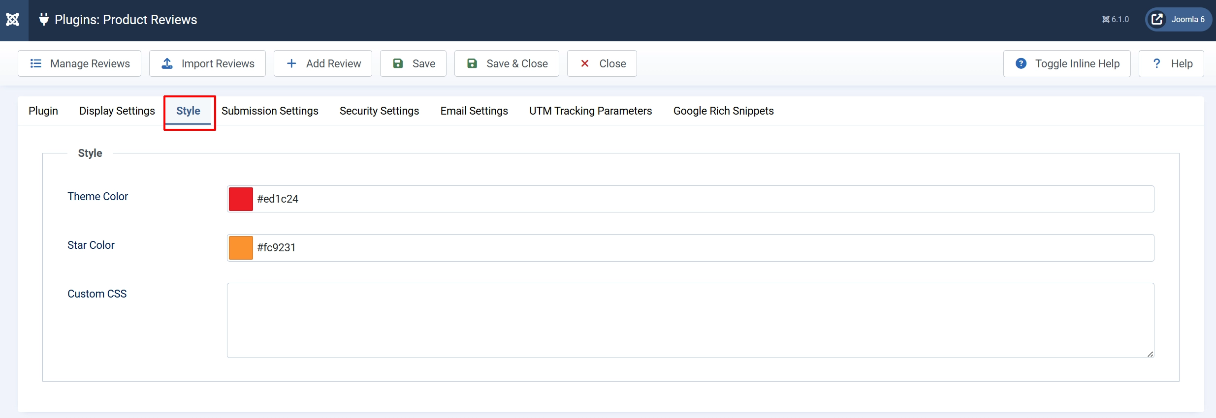 Product Reviews settings, Style tab highlighted: Theme Color red hex value, Star Color orange hex value and an empty Custom CSS box