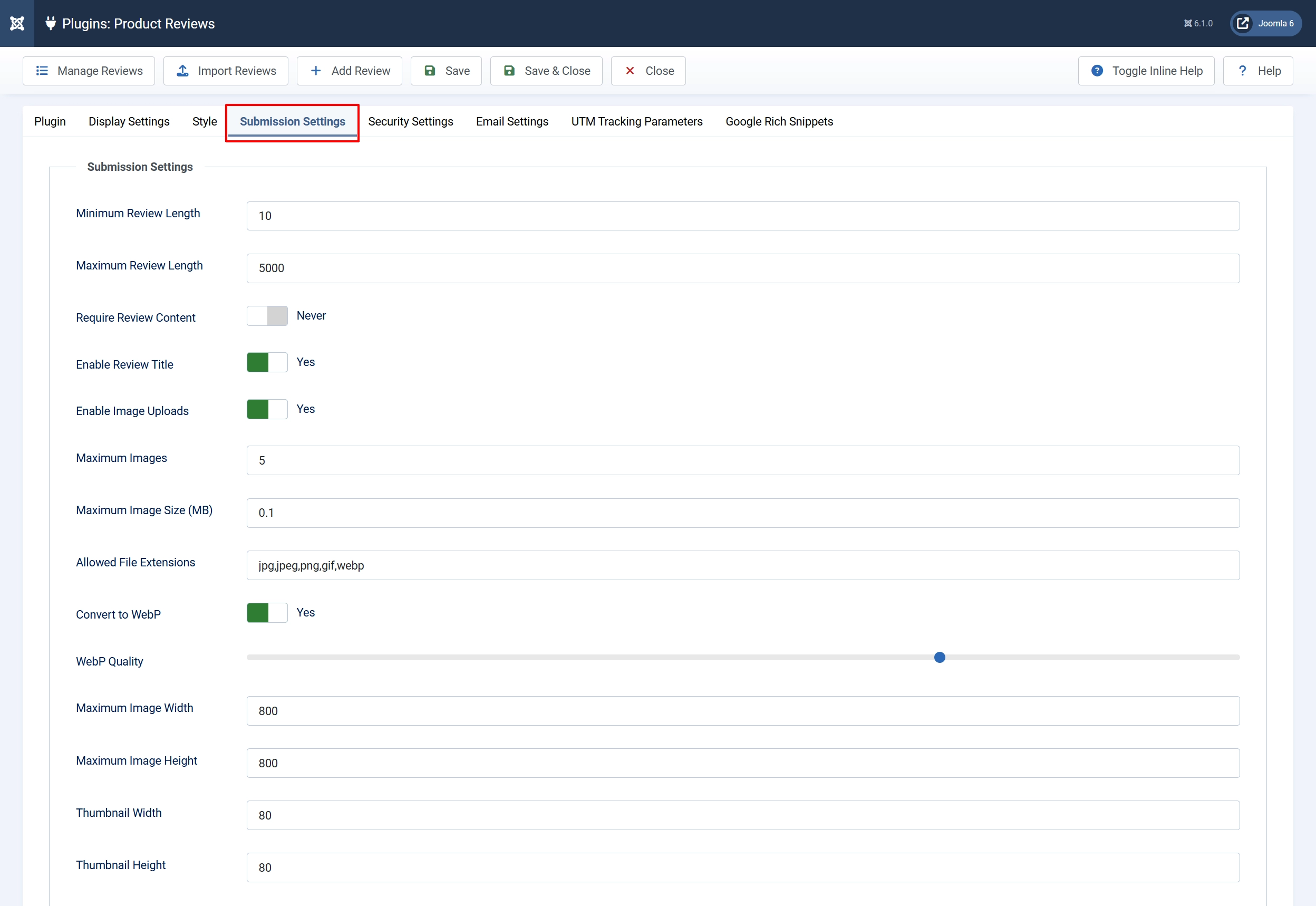 Product Reviews settings, Submission Settings tab highlighted: review length 10 to 5000, image uploads Yes, Maximum Images 5, Convert to WebP Yes