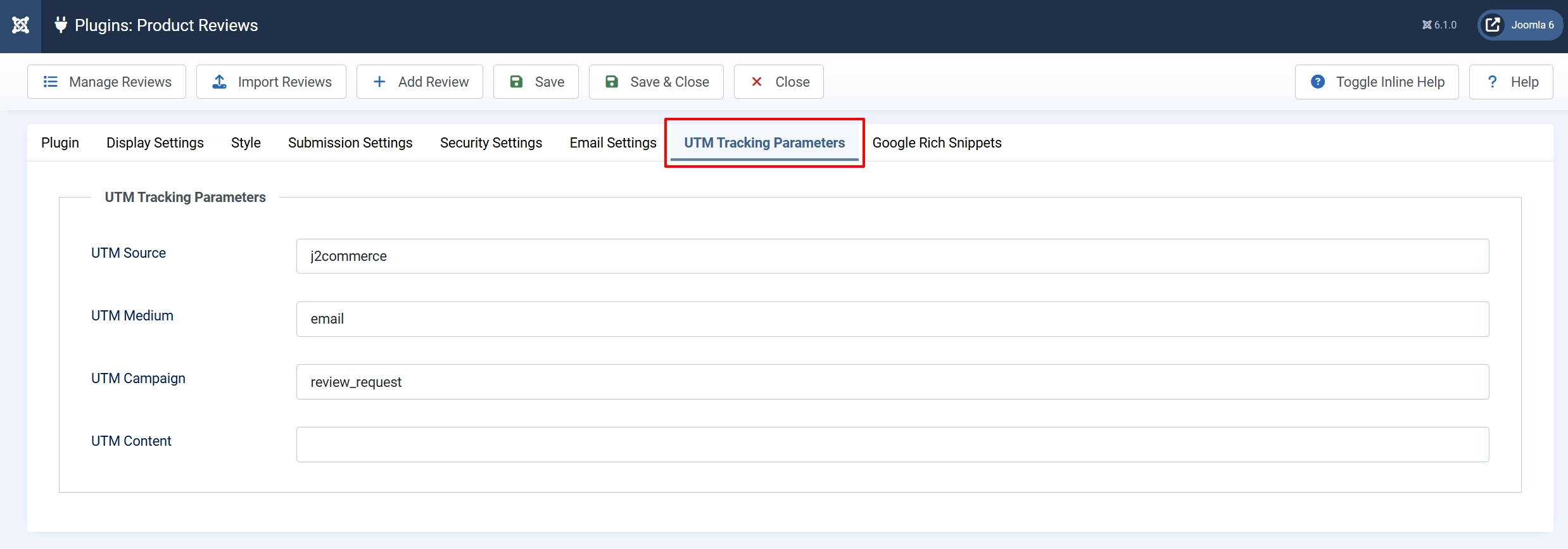 Product Reviews settings, UTM Tracking Parameters tab highlighted: UTM Source j2commerce, UTM Medium email, UTM Campaign review_request