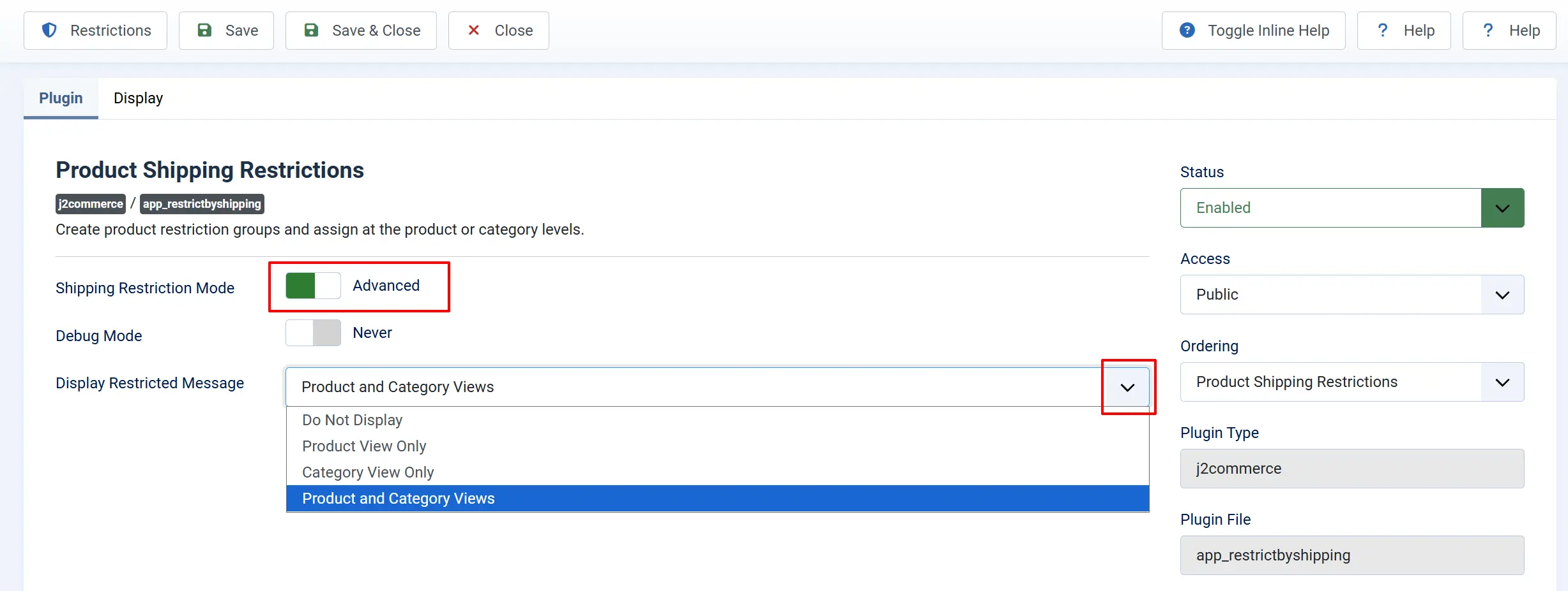 Product Shipping Restrictions settings: Shipping Restriction Mode Advanced and Display Restricted Message dropdown open with four options highlighted