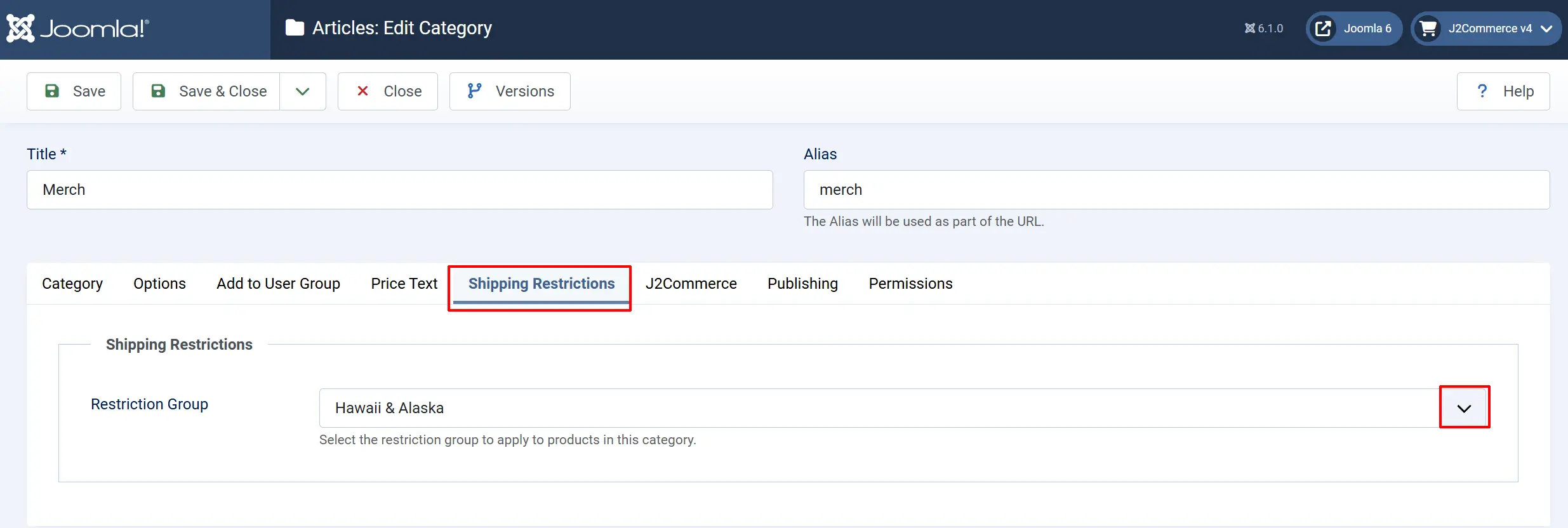 Joomla Edit Category for Merch, Shipping Restrictions tab highlighted, with the Restriction Group dropdown highlighted and set to Hawaii & Alaska