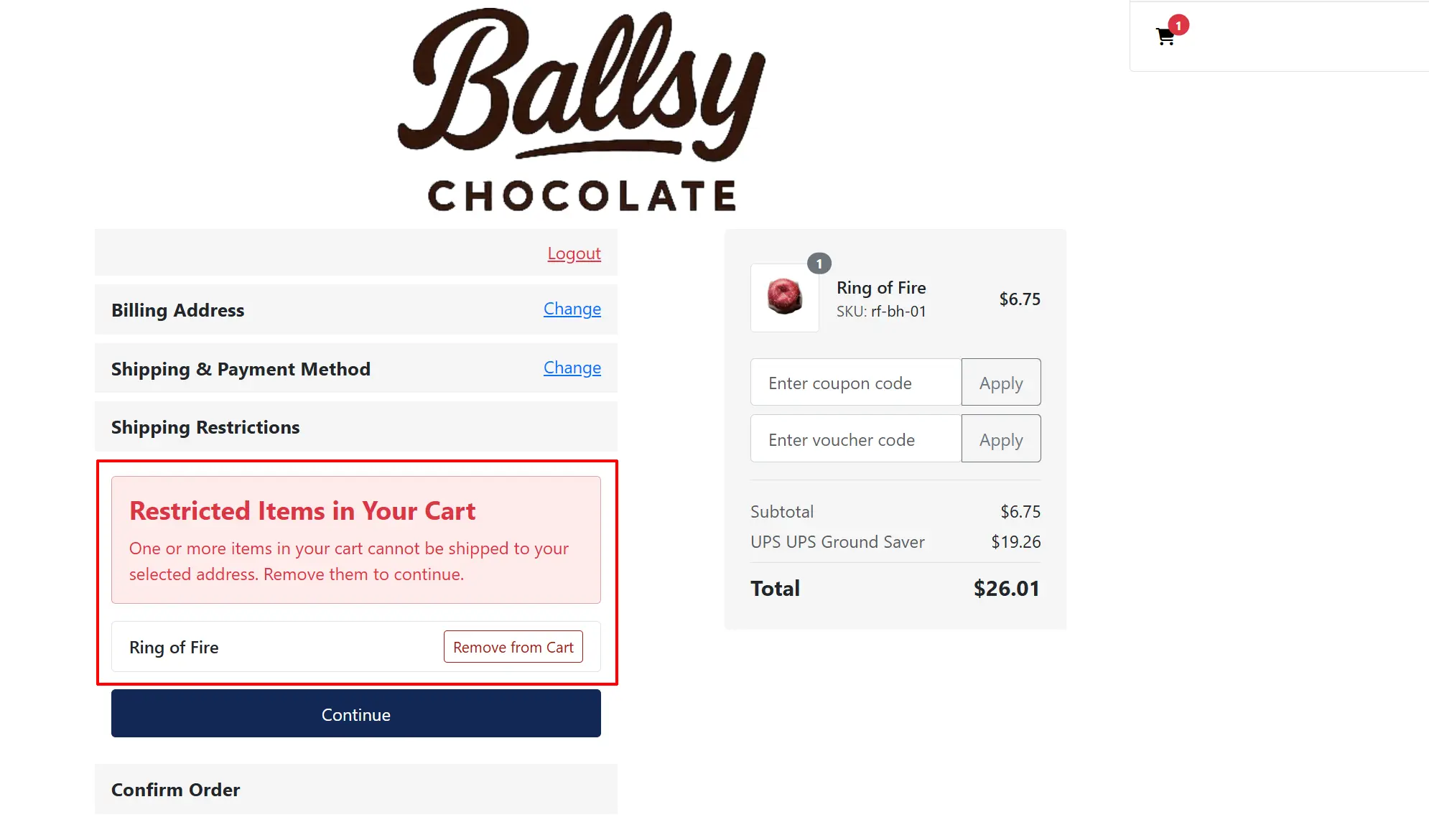 Checkout page with a red Restricted Items in Your Cart notice highlighted, listing Ring of Fire with a Remove from Cart button above Continue