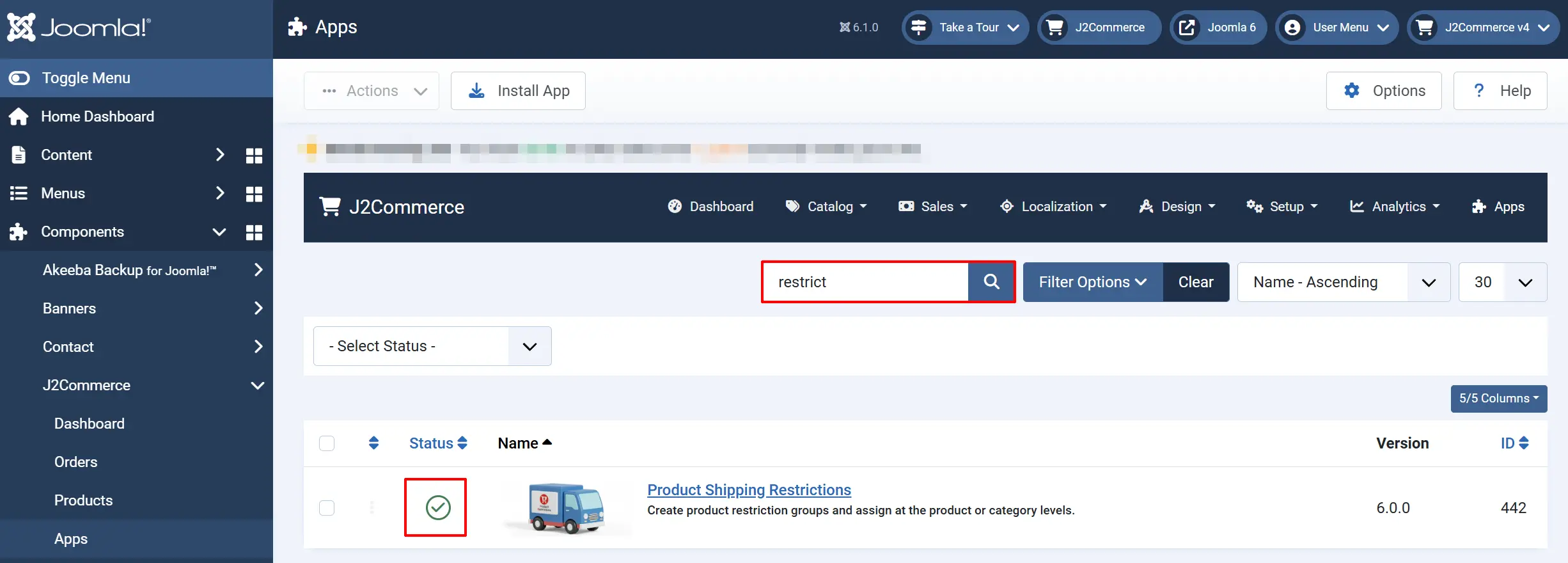Joomla Apps list searched for restrict, with the Product Shipping Restrictions status icon highlighted as a green checkmark showing it is enabled