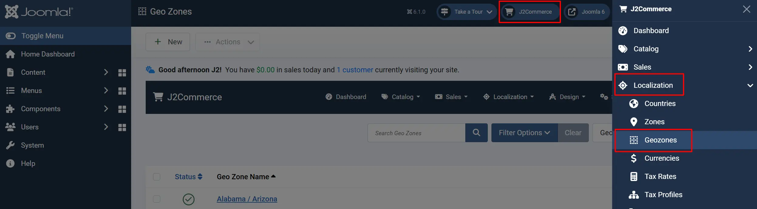 J2Commerce menu open on Localization with the Localization group and its Geozones item highlighted, beside the Geo Zones list in the background