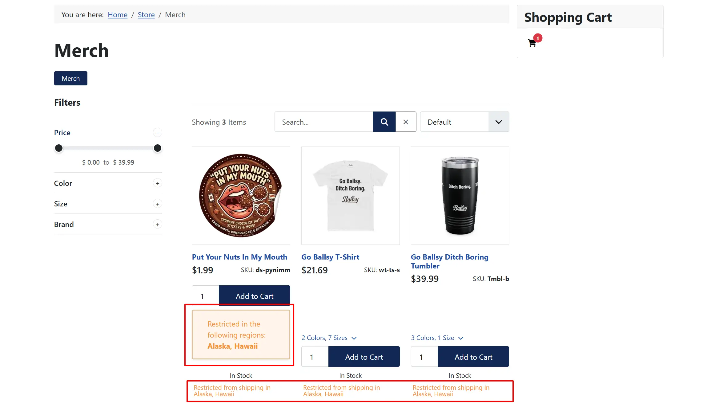Merch category listing where a restricted product shows an Alaska, Hawaii region box and all three products show a restricted-from-shipping line, highlighted