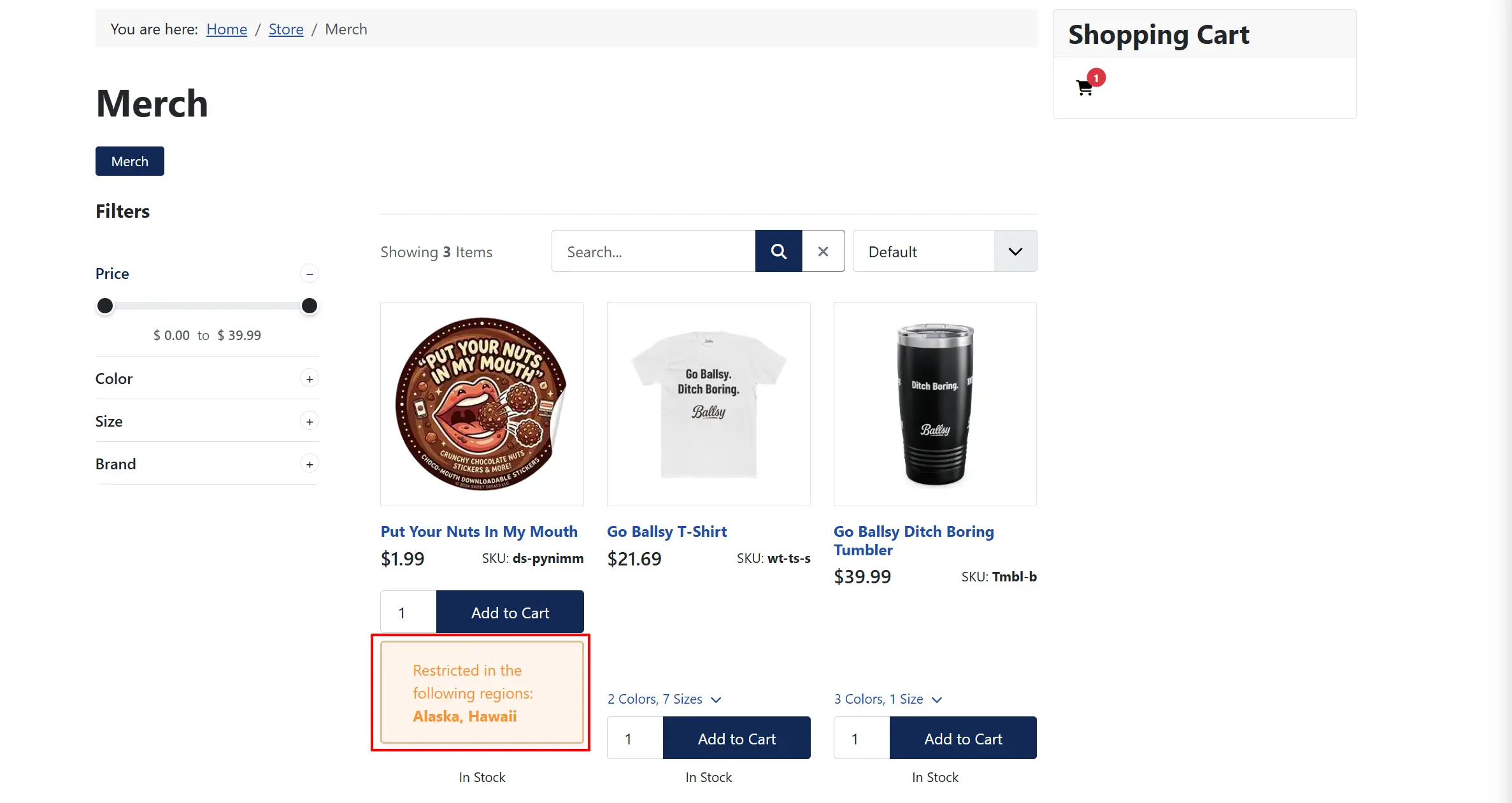 Merch category listing with the region box highlighted under Put Your Nuts In My Mouth: Restricted in the following regions, Alaska, Hawaii