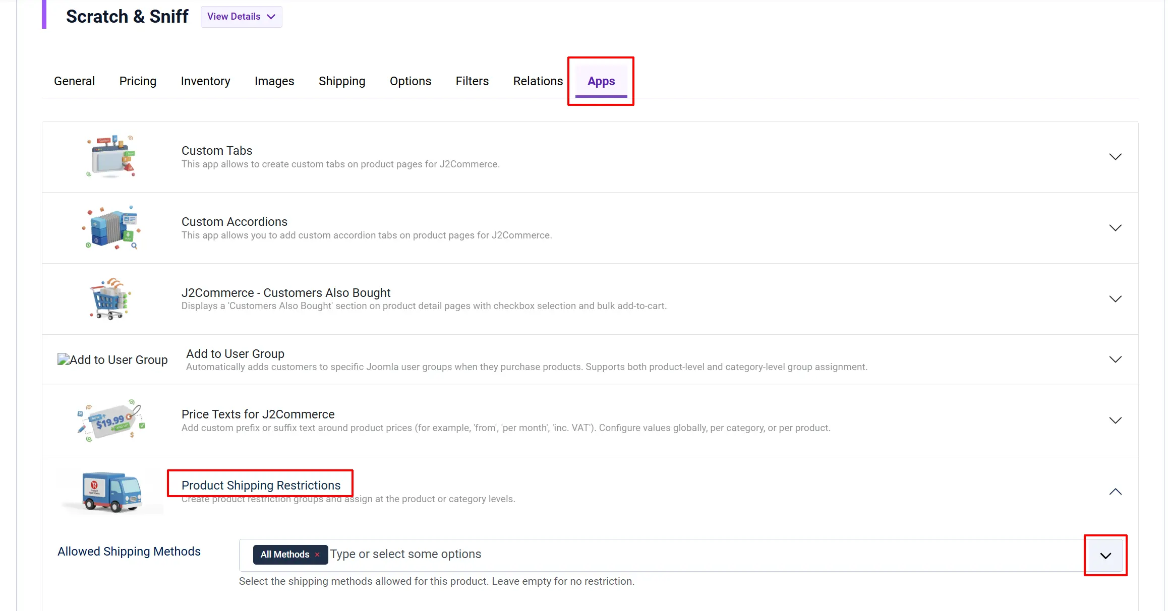 Product edit screen, Apps tab highlighted, with Product Shipping Restrictions expanded showing Allowed Shipping Methods set to All Methods