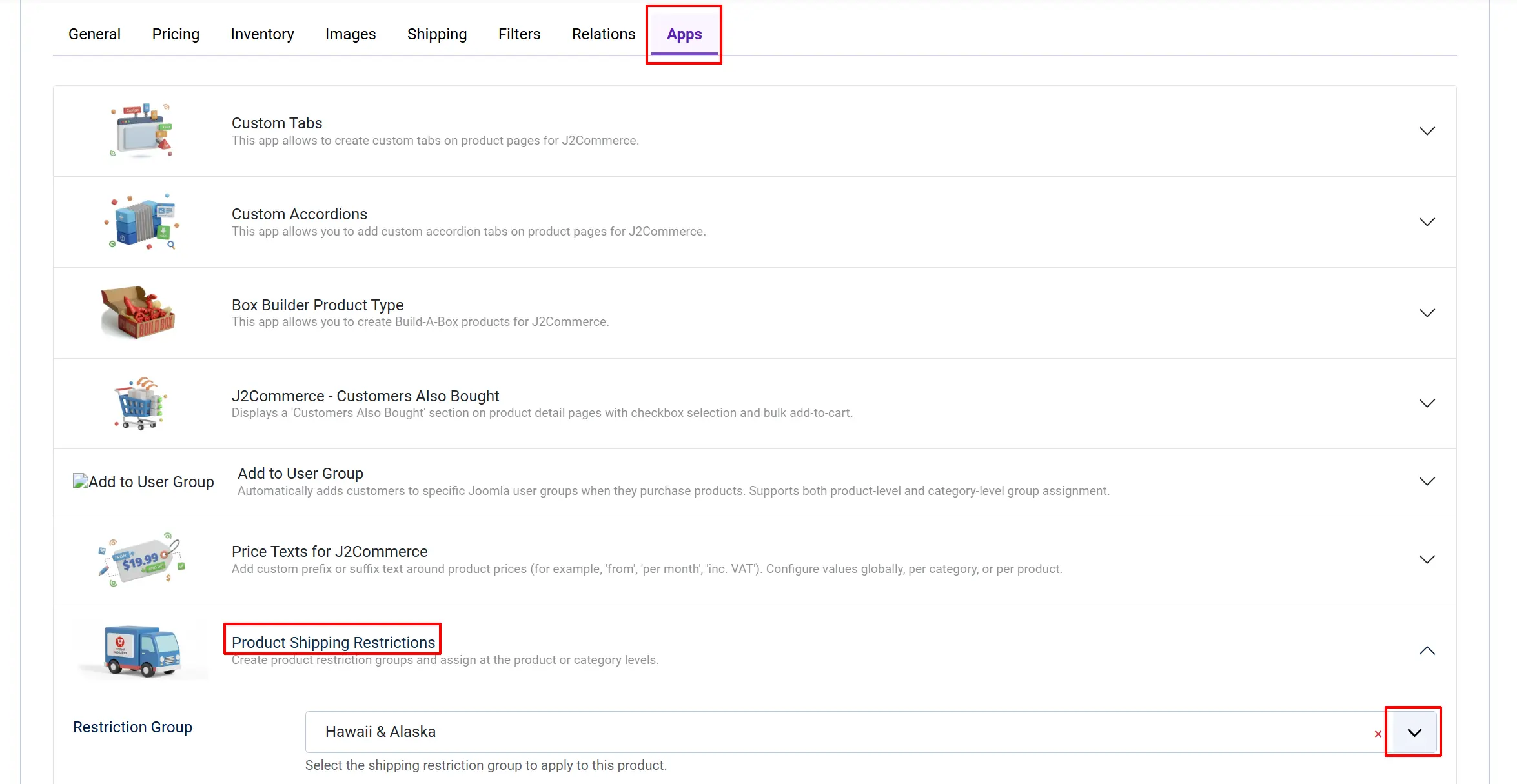 Product edit screen, Apps tab highlighted, with Product Shipping Restrictions expanded showing the Restriction Group dropdown set to Hawaii & Alaska