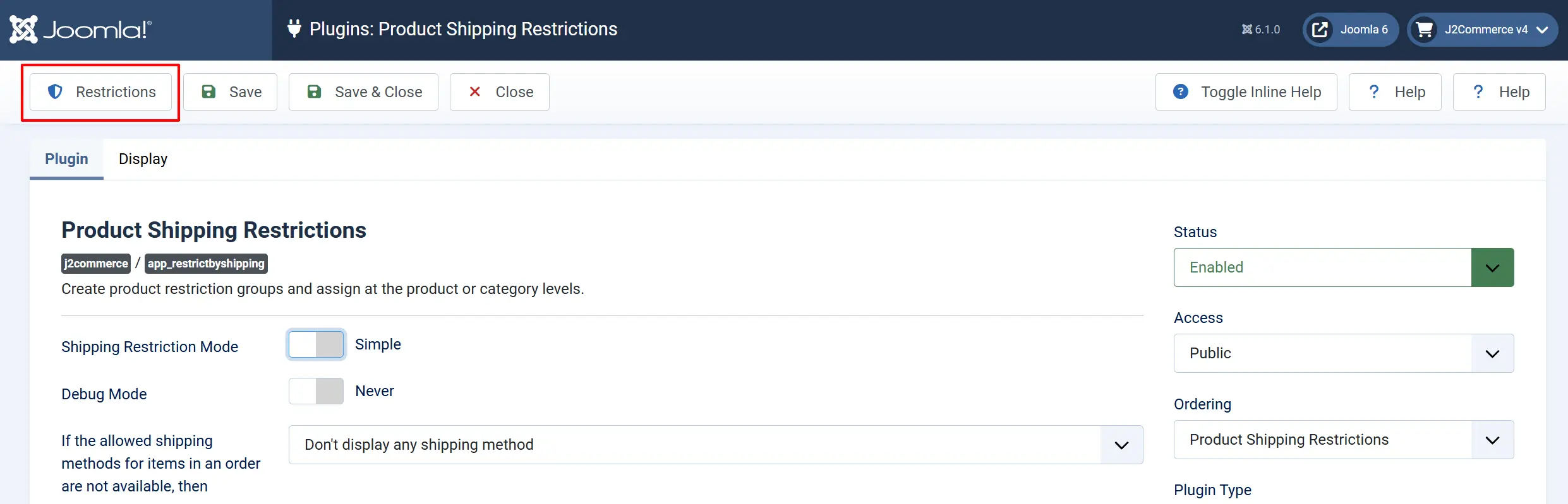 Product Shipping Restrictions plugin toolbar with the Restrictions button highlighted; Shipping Restriction Mode Simple, Debug Mode Never