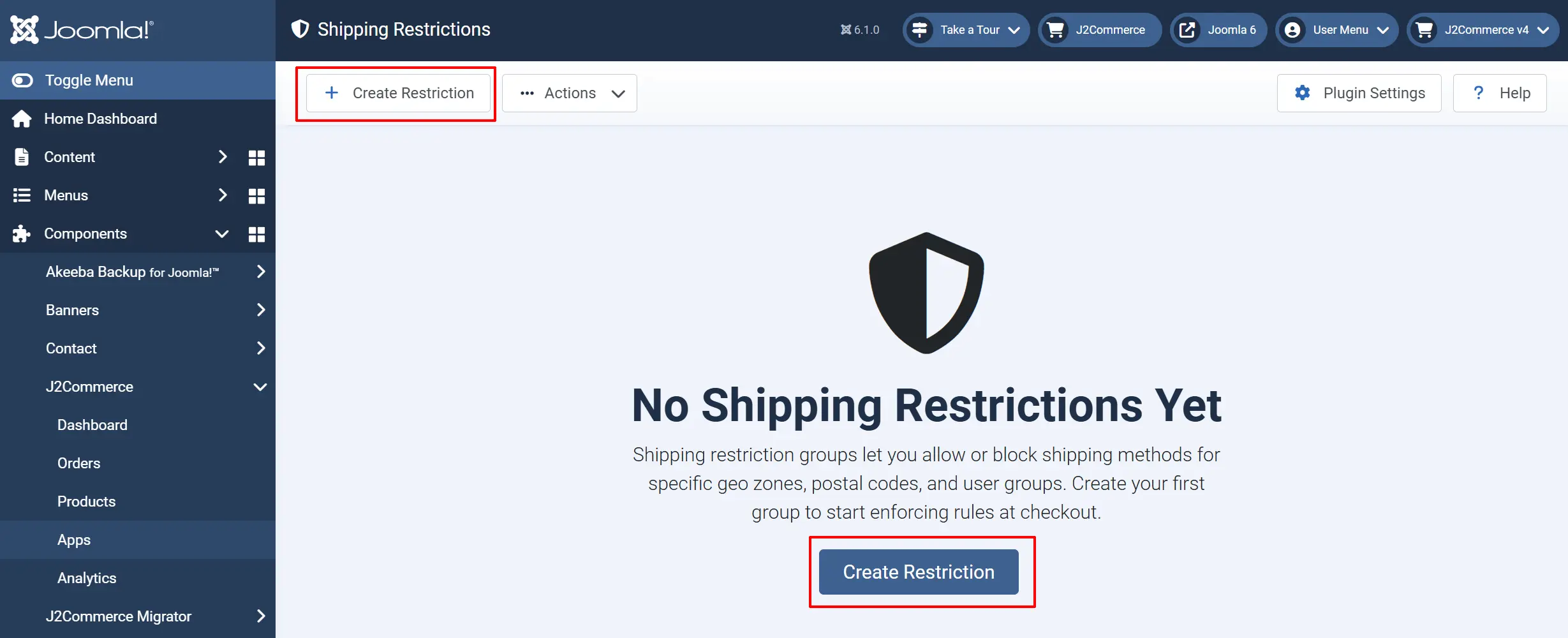 Shipping Restrictions screen with no groups yet and two Create Restriction buttons highlighted, in the toolbar and in the empty-state message