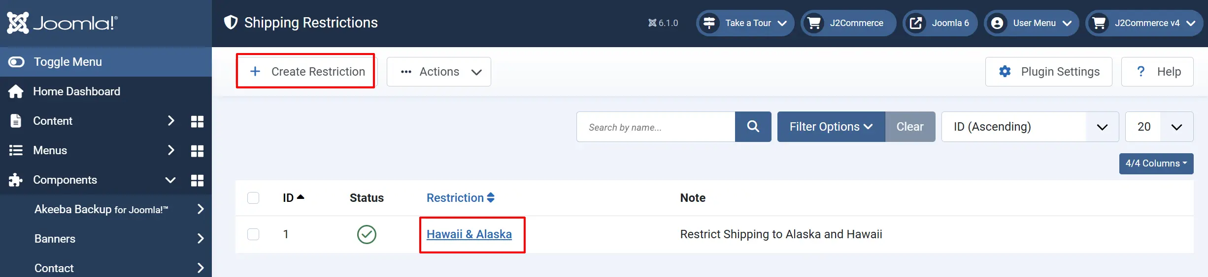 Shipping Restrictions list with the Create Restriction button and the Hawaii & Alaska group link highlighted, noted Restrict Shipping to Alaska and Hawaii