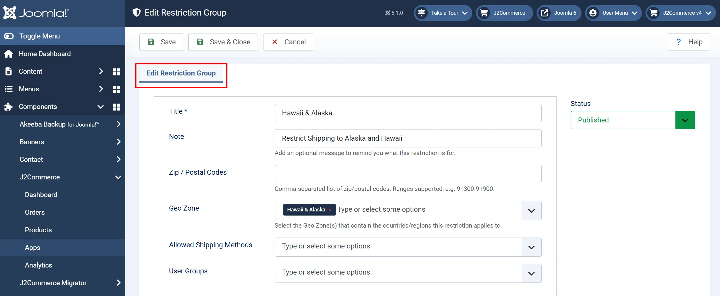Edit Restriction Group form, tab highlighted: Title Hawaii & Alaska, Geo Zone Hawaii & Alaska, empty Zip / Postal Codes, shipping methods, User Groups